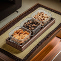 Three-compartment [transparent hammered] glass bowl + walnut tray