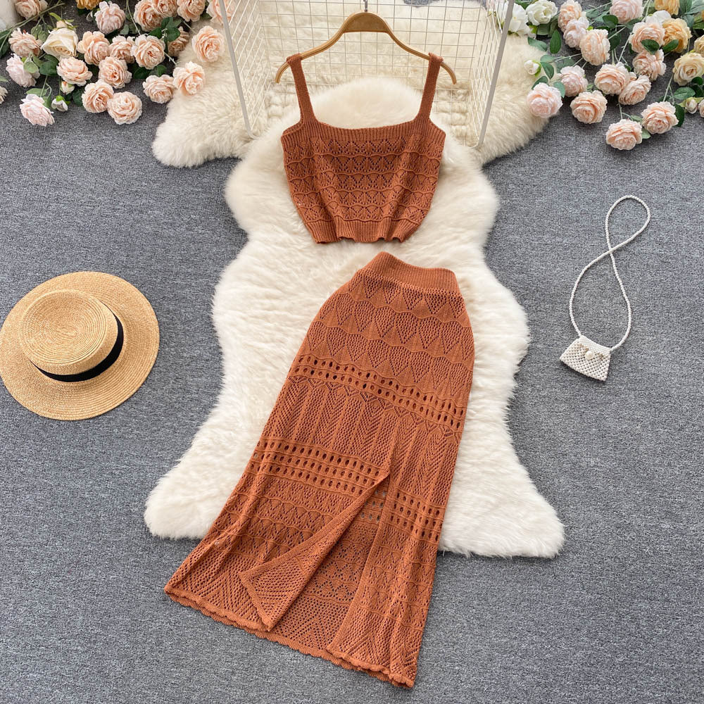 Sweet and spicy style fashioncut out camisole women's shortoutwearknittingtwo-piece sethigh waist slit skirt summer
