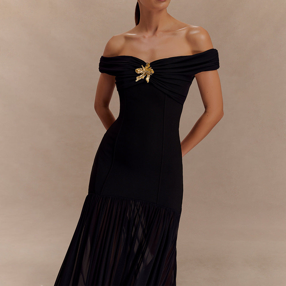 European and american export women's clothing  new arrival: elegant bandeau maxi dress, off-the-shoulder mesh panel, bodycon mini dress