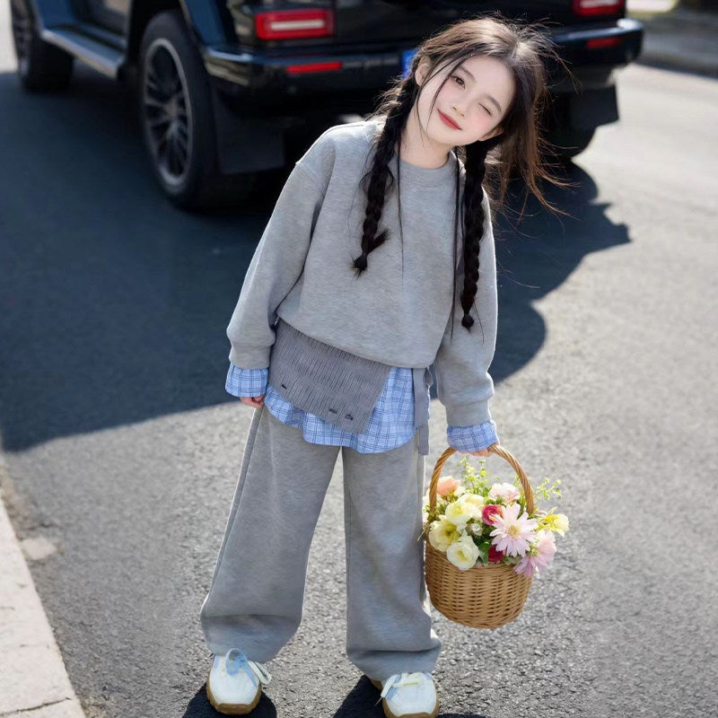 Girls' spring  new collection: korean style retro patchwork three-piece set - sweatshirt & wide-leg pants outfit for mid-to-large children - trendy style