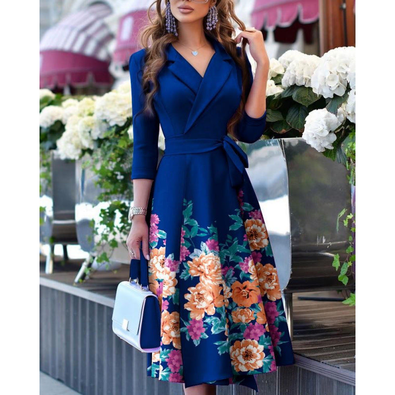 autumn new arrival  three-quarter sleeve dress v-neck fashion tie-waist printed dress