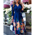autumn new arrival  three-quarter sleeve dress v-neck fashion tie-waist printed dress