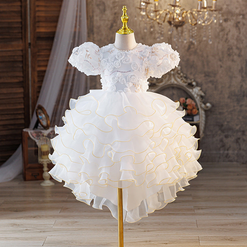 European and american style girls' bubble sleeve dress with 3d floral appliques, tiered cake skirt, and train - ready to ship