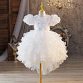 European and american style girls' bubble sleeve dress with 3d floral appliques, tiered cake skirt, and train - ready to ship