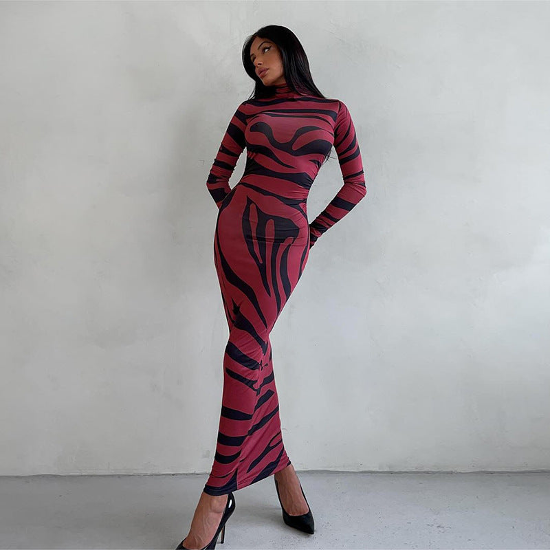 fall/winter european and american style cross-border women's fashion new animal print mock neck long sleeve bodycon mini dress