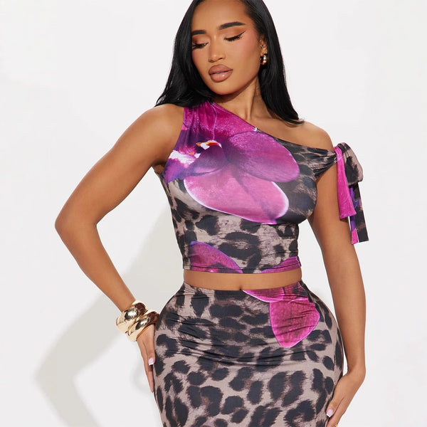European and American new  fashion slim temperament elegant printing diagonal collar lace-up short top hip-wrapped long skirt set
