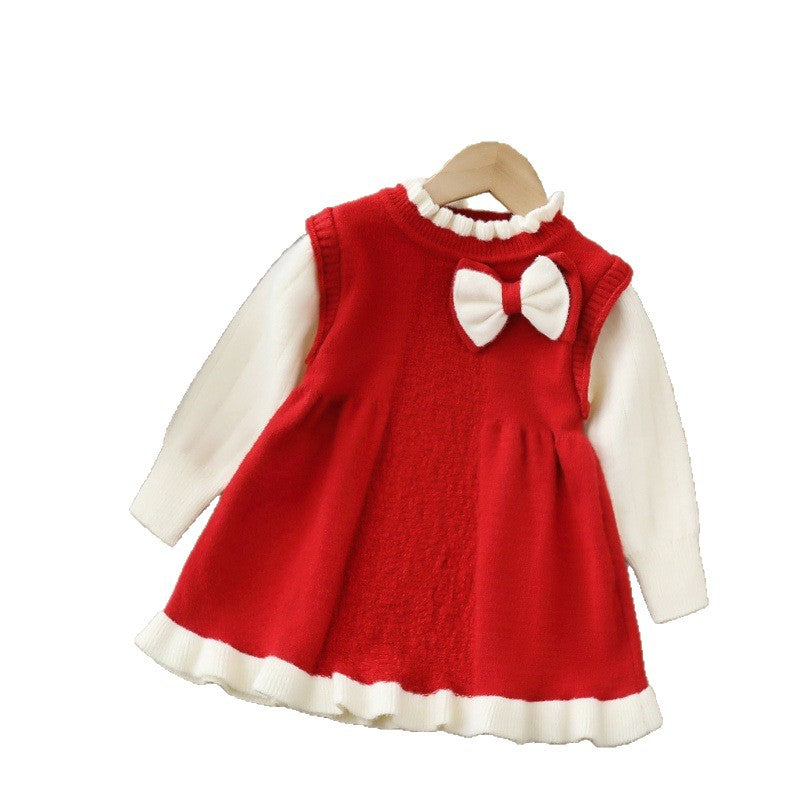 Girlsweaterlong skirtfall and winter new new year's greeting style bows christmas skirt children's dress