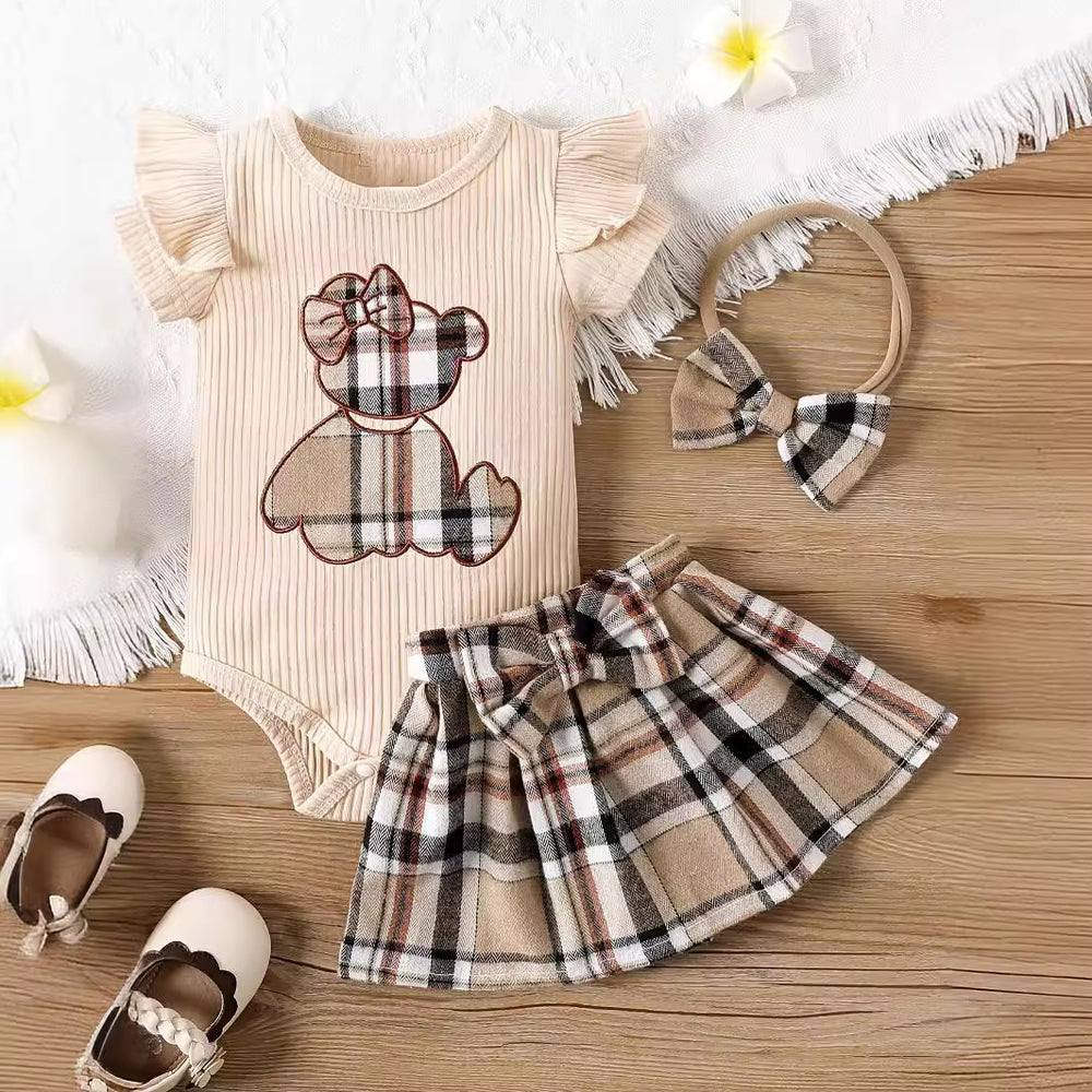 ins newborn infant baby girl summer style bear appliqué embroidered bodysuit triangle romper plaid butterfly