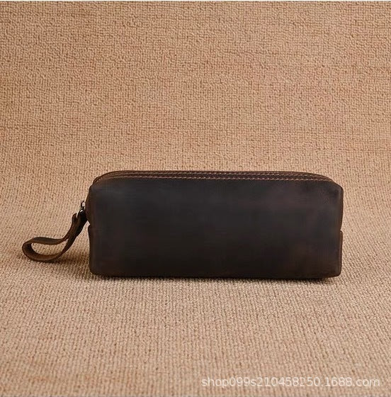 Hot-selling retro genuine leather stationery pencil case, top grain crazy horse leather handmade coin purse, student stationery organizer
