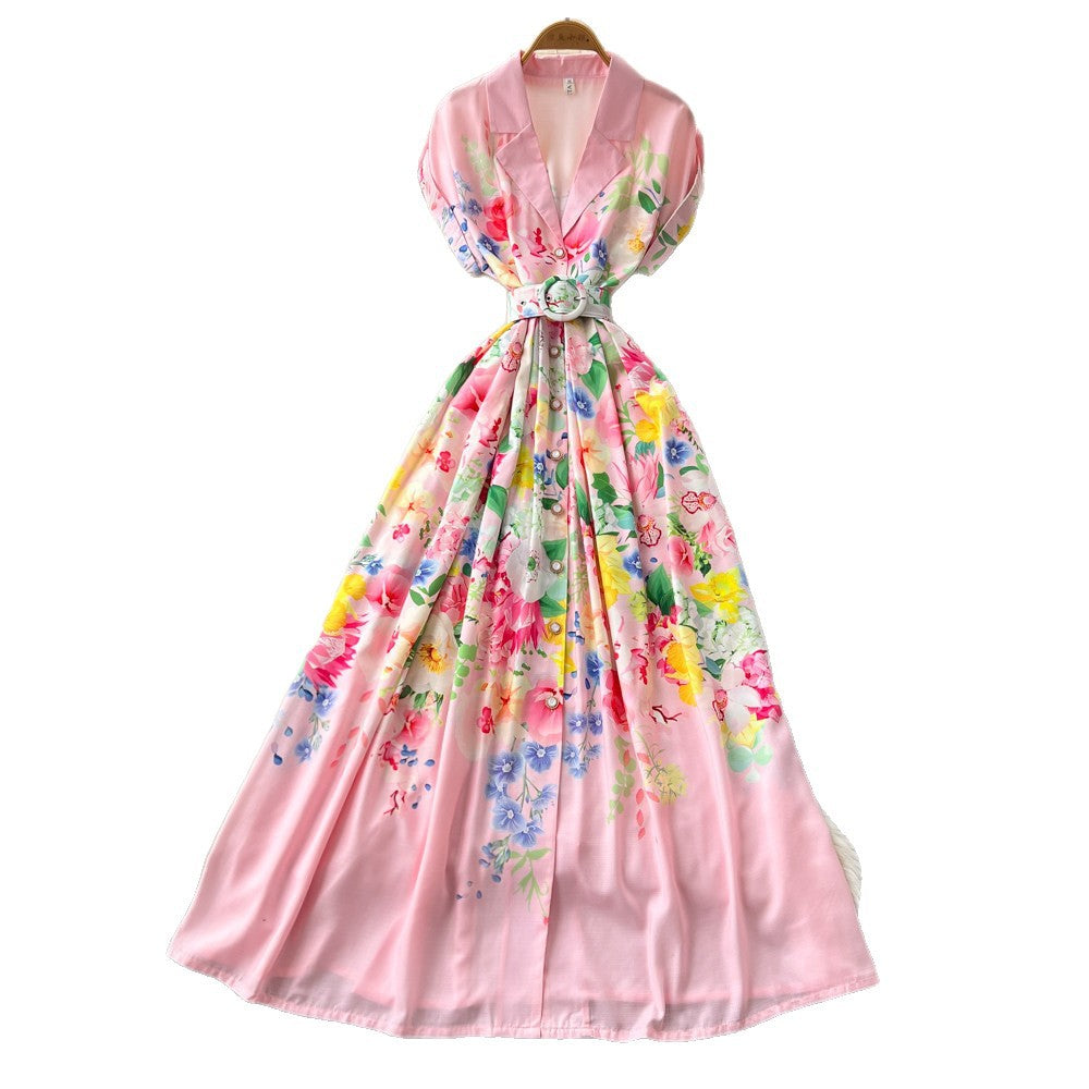 Korean style v-neck tie-waist printed dress - women's summer sleeveless floral maxi a-line dress - high waist, commute-friendly