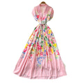 Korean style v-neck tie-waist printed dress - women's summer sleeveless floral maxi a-line dress - high waist, commute-friendly