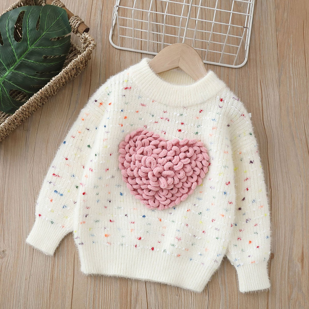 Girlsweater round neck knitting bottom shirt new arrival heartcolorfulsweetfleece-linedthickened children's sweater