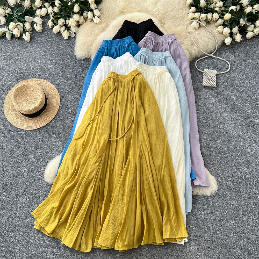 K-style high waist lazy style pleated a-line skirt for women spring and summer large swingeasiest for matchelegant gentle long skirt