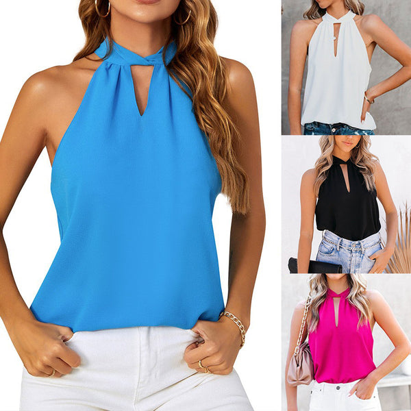 Cross-border European and American women's clothing 2024 summer new  women's clothing neck strap chiffon vest sleeveless top