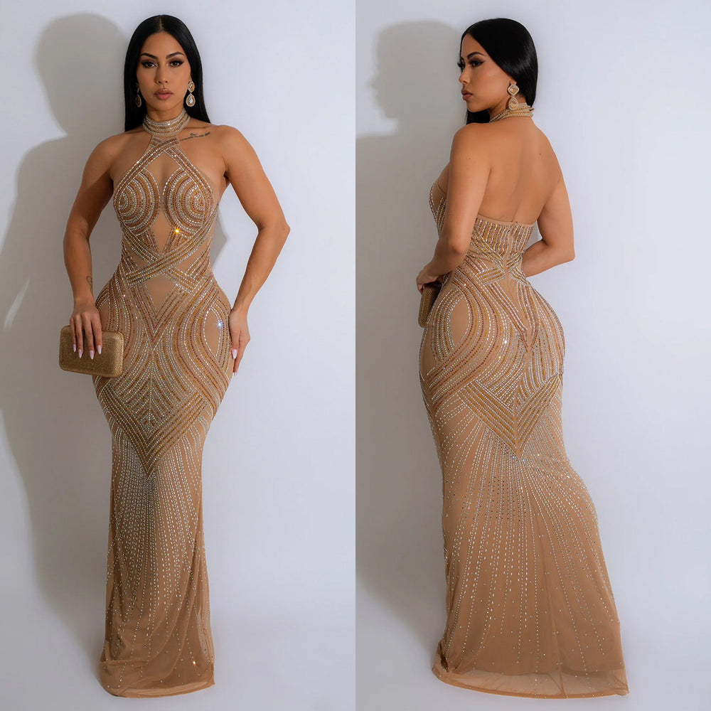 C6811 cross-border   fashion women's solid color mesh rhinestone halter maxi dress