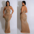 C6811 cross-border   fashion women's solid color mesh rhinestone halter maxi dress