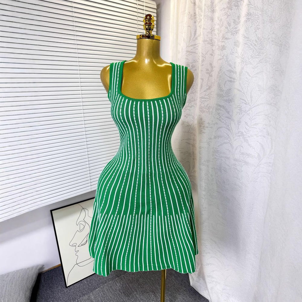 European and american style striped square neck sleeveless knitted dress - women's summer slim fit breathable chic retro mature mid-length dress