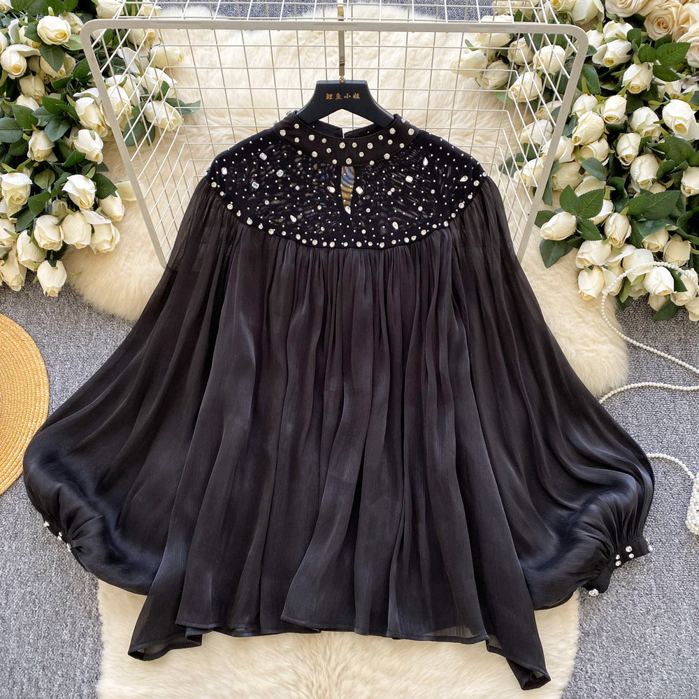 Accessible luxuryeleganceclassy sense of nails and diamonds mesh patchwork lantern sleeves streamer shirt women's autumlooseslimming look bottom shirt