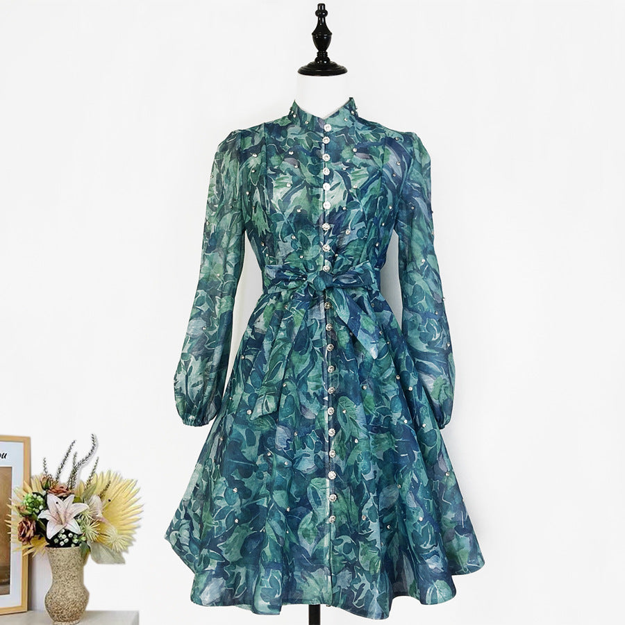 Export palace style spring dress for women new arrival nail diamond button waist printing long sleevesdress + suspender skirt