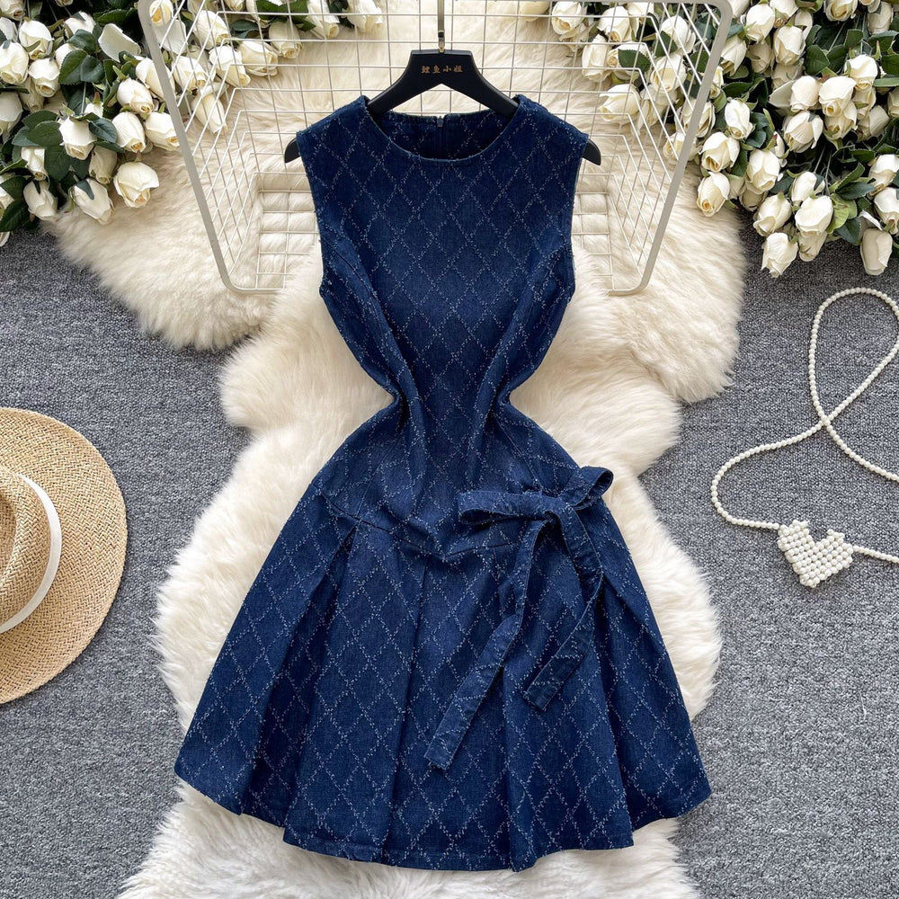Denim dress women's  summer sense of design niche stylebows straps waist round neck sleeveless vest short skirt