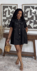 e-commerce  fashion bowknot elegant dress, loose sweet a-line mini denim skirt