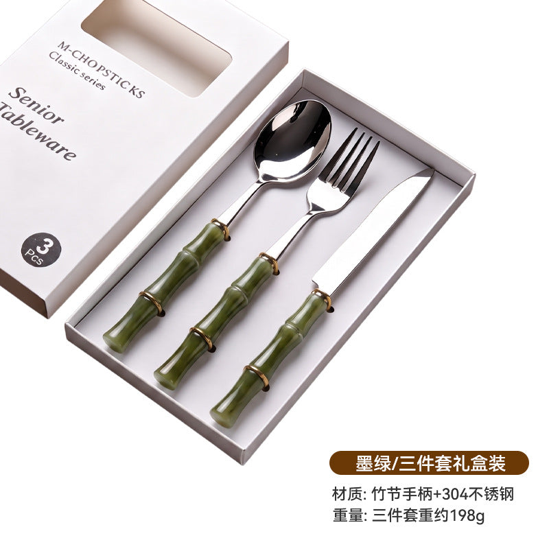 Bamboo handle stainless steel fork spoon tableware suit creative acrylic bamboo handle western food knife fork spoon dessert spoon