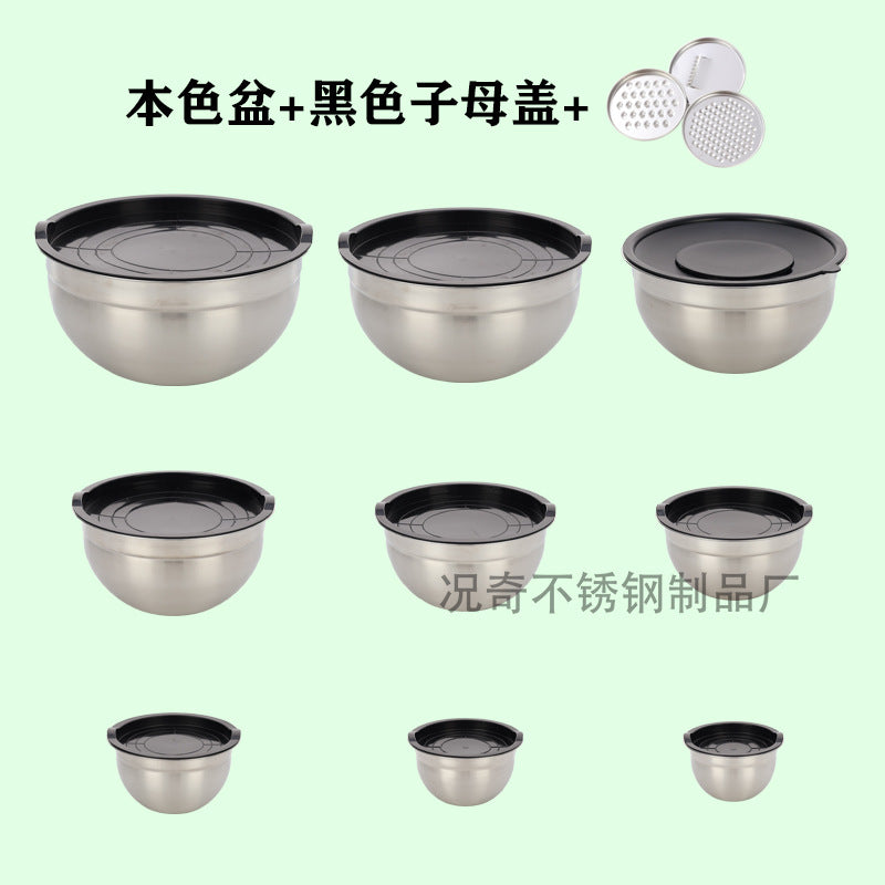 Stainless steel deep salad bowl with color-sprayed lid, round mixing bowl with non-slip silicone base for kitchen use