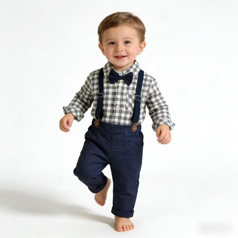 Boys' spring outfit set: new spring collection - plaid shirt, perfect for first birthday parties and gentleman's events