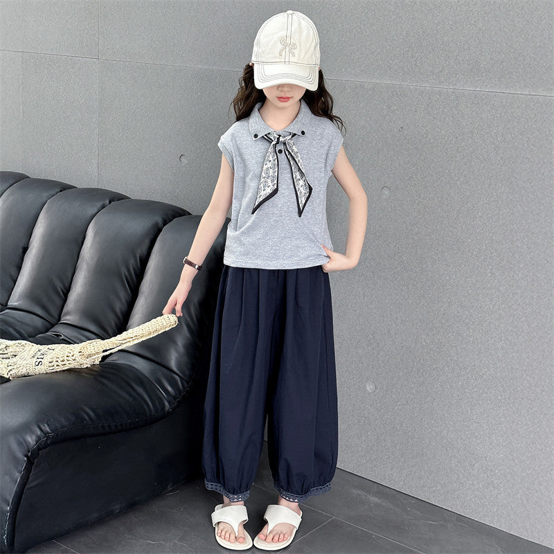 new girls' casual versatile lightweight lace trim student two-piece set - relaxed fit wide leg pants for girls
