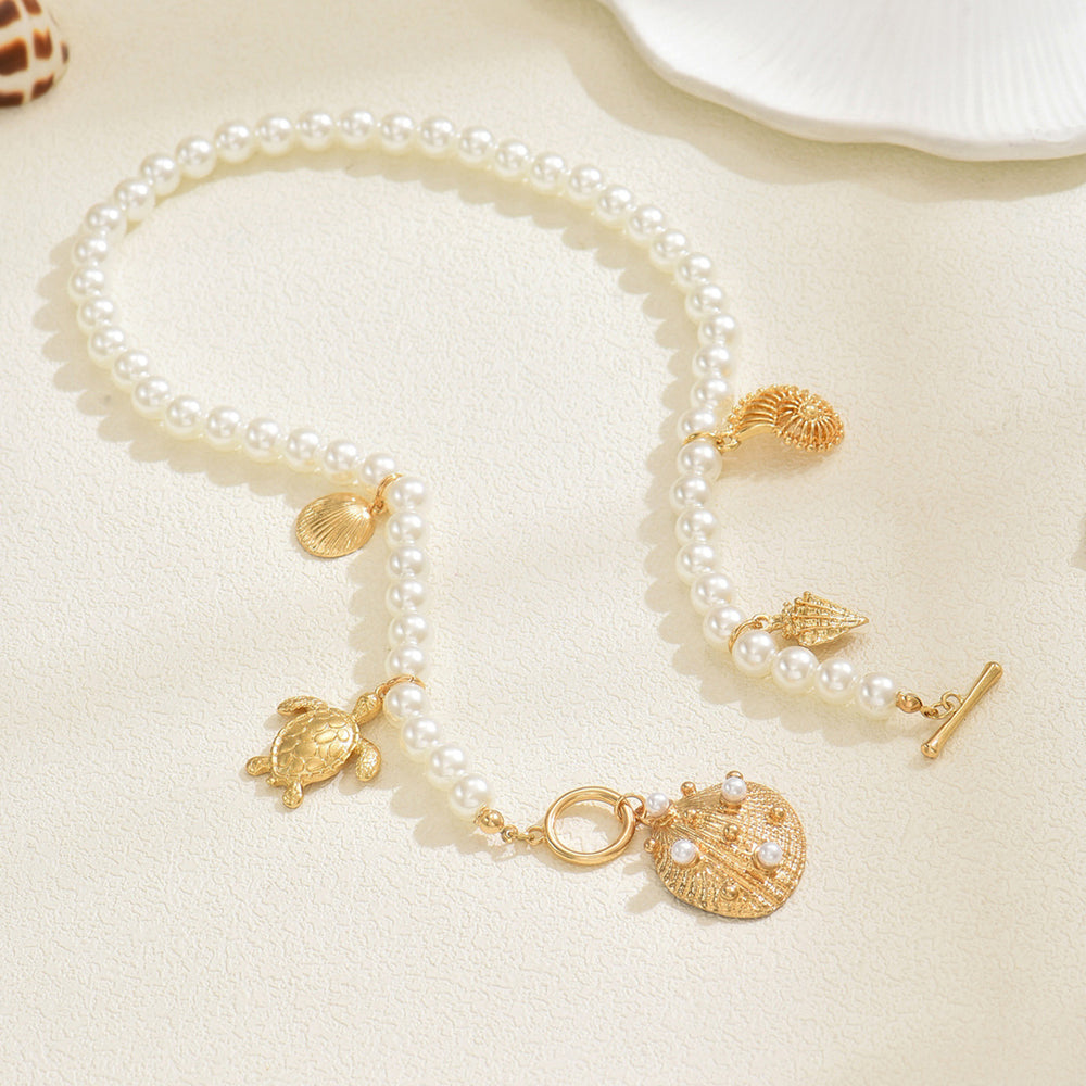 European and american cross-border jewelry: summer vacation style faux pearl necklace, fashionable niche design, seashell turtle clavicle chain