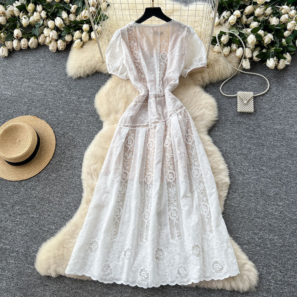 Vintage court style puff sleeve dress - women's summer mesh lace slim fit waist-defining elegant mature woman long dress