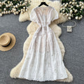 Vintage court style puff sleeve dress - women's summer mesh lace slim fit waist-defining elegant mature woman long dress