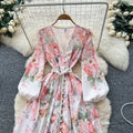 French chic vintage court style dress - women's autumn tie-waist v-neck single-breasted printed maxi dress