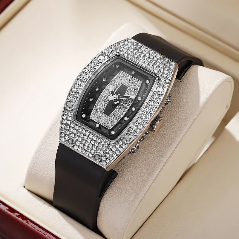 Whiskey barrel-shaped diamond-accented quartz watch - fashionable, trendy, and elegant women's silicone wristwatch - wholesale white