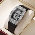 Whiskey barrel-shaped diamond-accented quartz watch - fashionable, trendy, and elegant women's silicone wristwatch - wholesale white