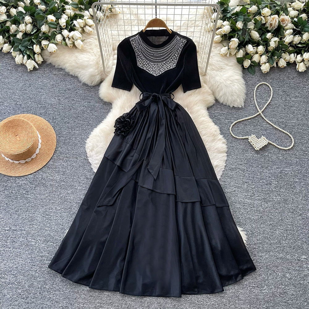 Qianjinfeng heavy industry beading asymmetrical dress women's green mesh patchwork waist slimming look a-line elegant long skirt