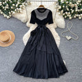Qianjinfeng heavy industry beading asymmetrical dress women's green mesh patchwork waist slimming look a-line elegant long skirt