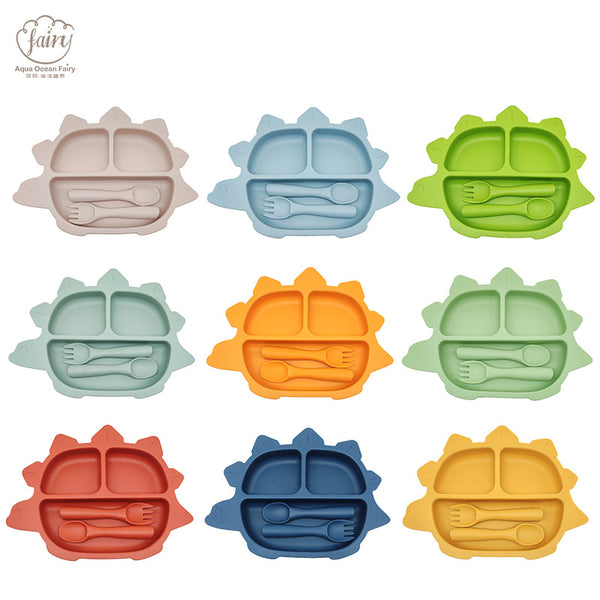 popular children's silicone dinner plate infant feeding tableware baby complementary food dinosaur-shaped suction cup dinner plate