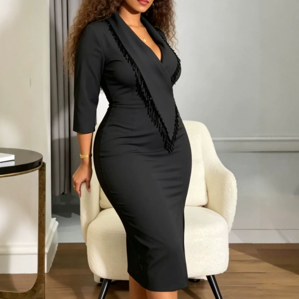 Early autumn new arrival: elegant women's banquet dress - sexy v-neck, beaded, slit midi dress