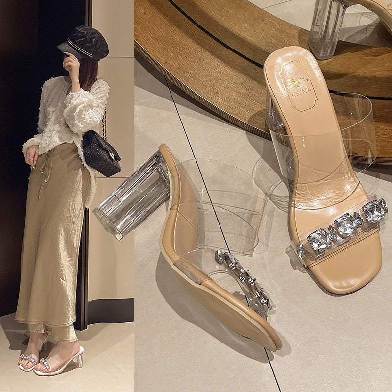 Rhinestone clear crystal heeled sandals women's 2026 summer new one-strap premium chunky heel slippers high heels
