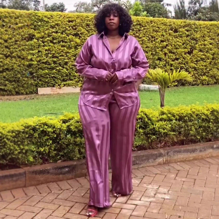 European and American large size lapel striped cardigan shirt top trousers women's African loose foreign style fashion new two-piece set