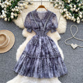 French romantic v-neck lantern sleeve ruffle print dress - women's summer slimming a-line fairy dress