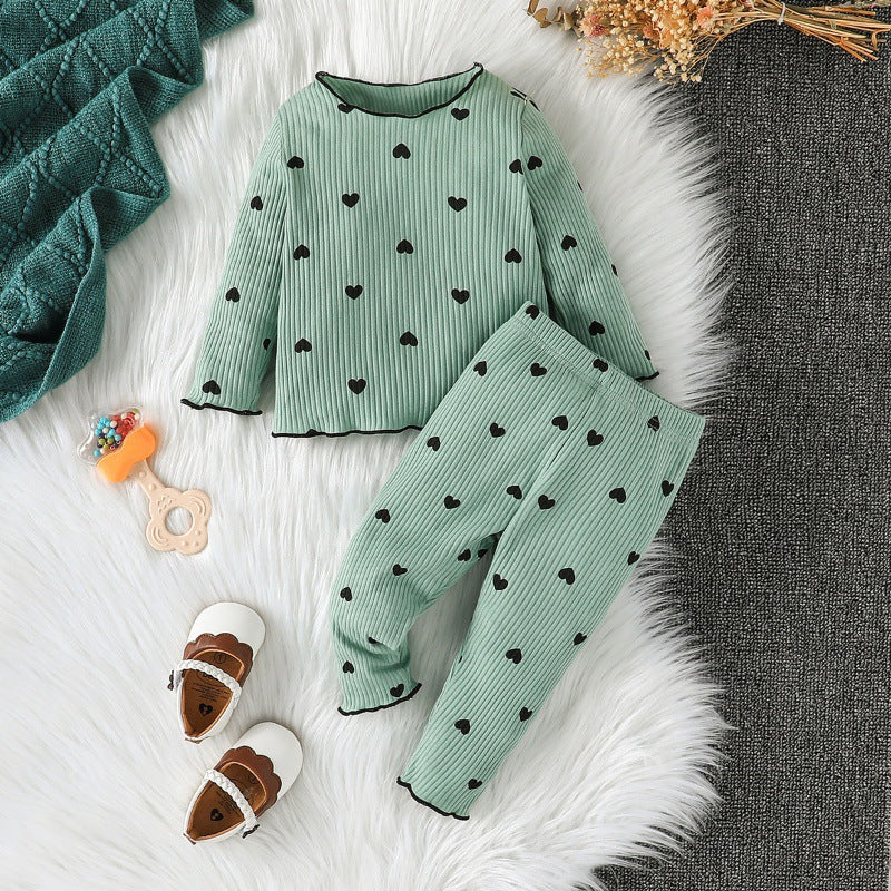 cross-border fashion baby & toddler valentine's day new collection: solid color ribbed knit heart print long sleeve two-piece set - ready stock wholesale
