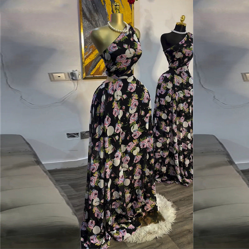 European and american women's clothing  summer new sweet and fresh printed asymmetrical neck high waist slimming a-line maxi dress