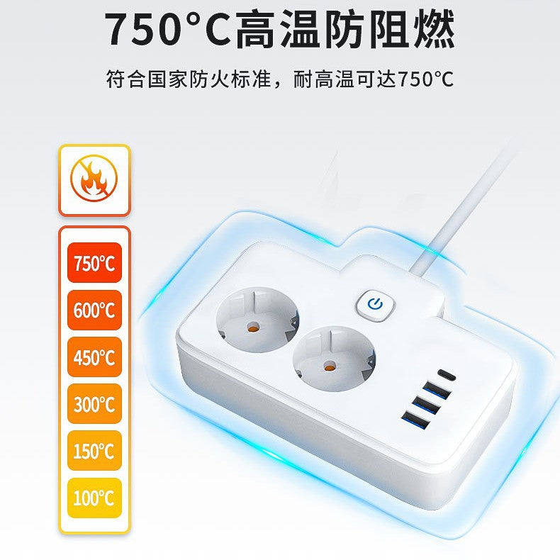 One to two conversion socket European standard two-plug plug-in board, with PD/USB socket, office home power strip customization