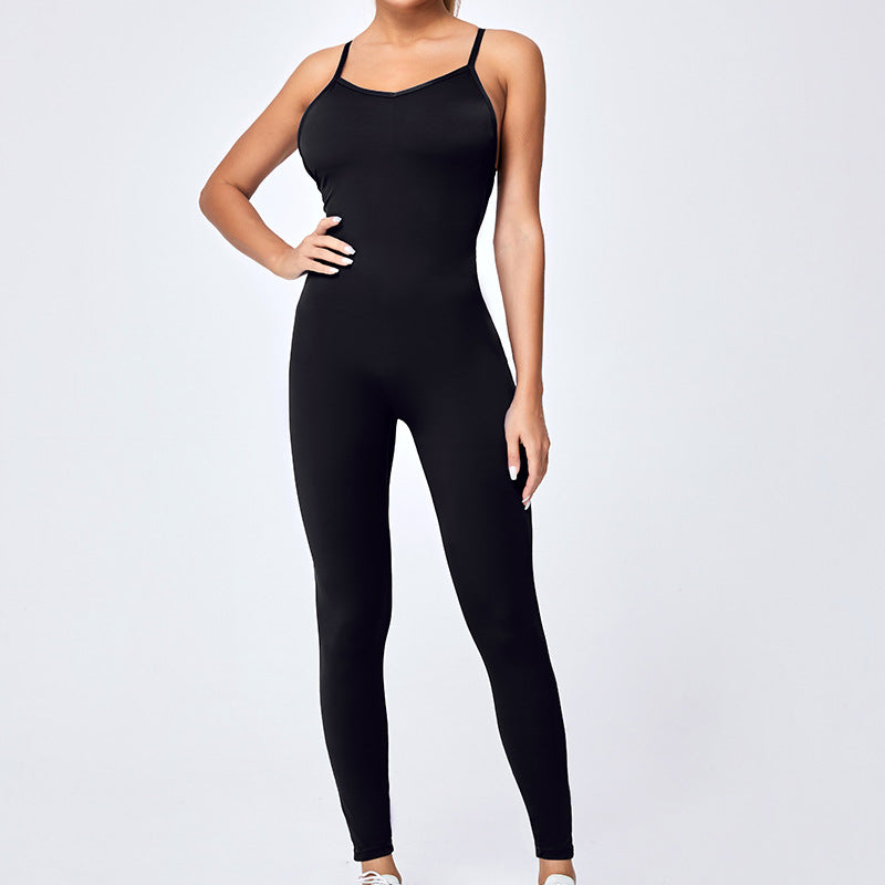 adjustable thin strap elastic one-piece yoga suit with chest pad and nude one-piece fitness one-piece yoga suit