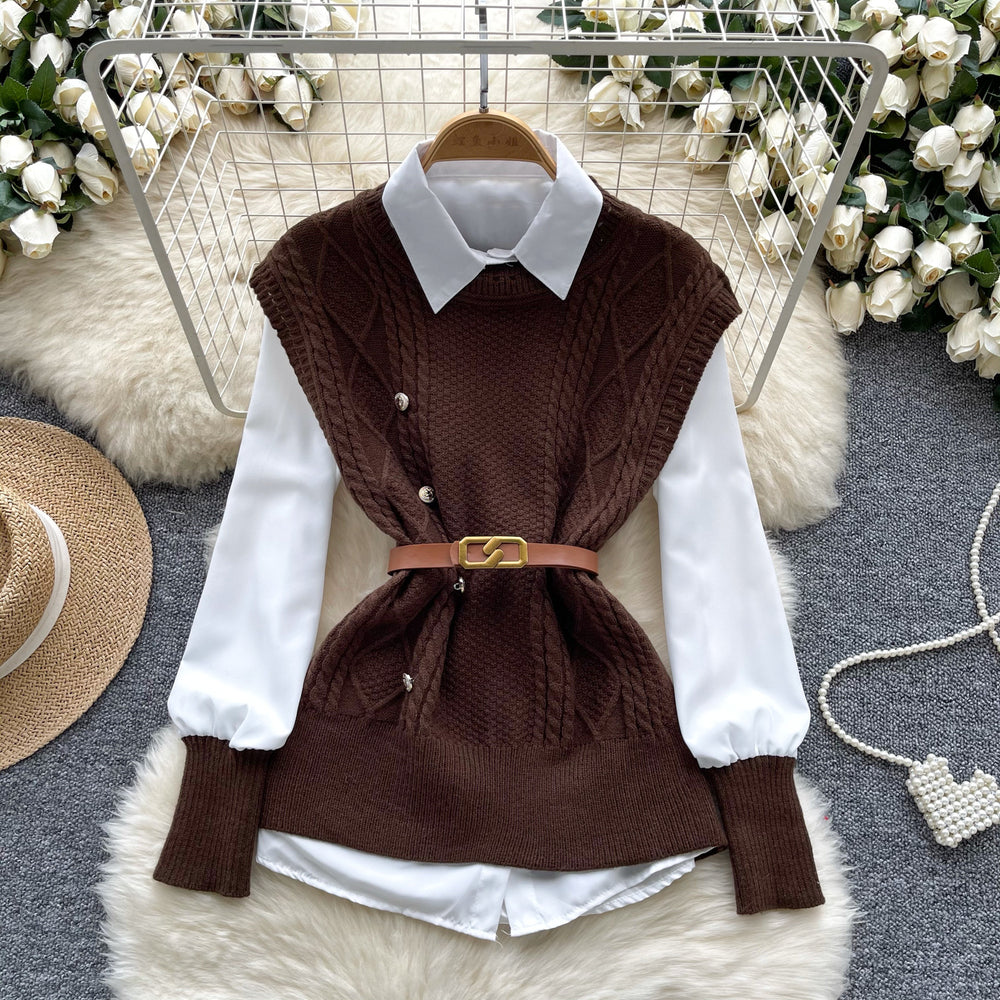 Layered shirt vest women's autumn two-piece set fashioneasiest for match sleeveless cable stitchknitting vest with long sleeves shirt