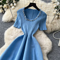 export blue knitted pleated dress for women,  summer new arrival, sequin-embellished a-line dress, versatile commute dress