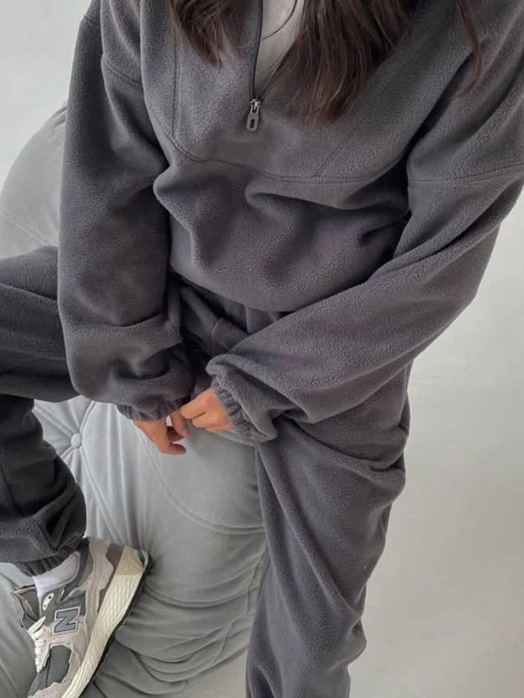 European and American  fashion sweater set women's zipper semi-cardigan jumper trousers two-piece set sports suit women