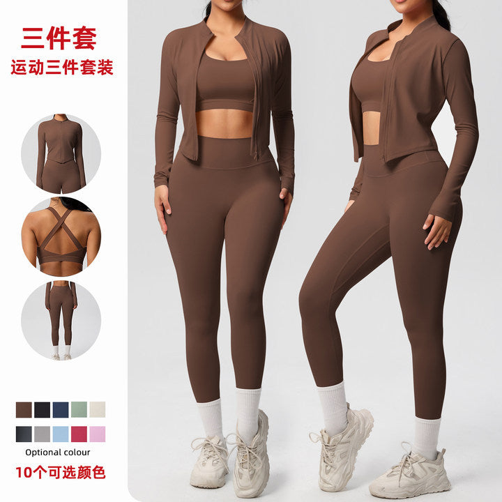 fashionpure color double-sided brushed tight sports yoga clothes three-piece set running fitness yoga clothes suit for women
